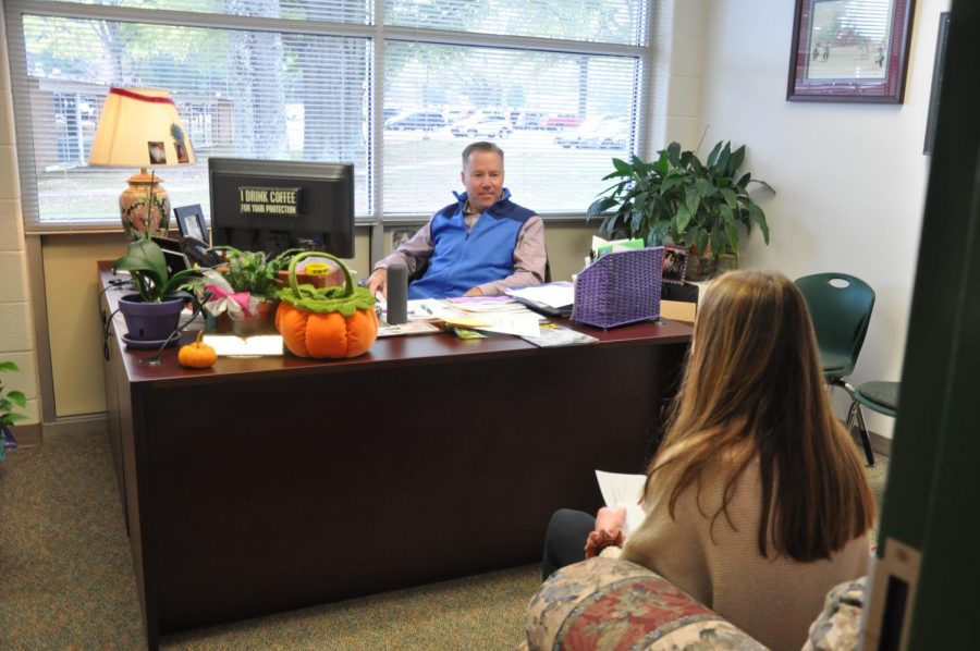 A student seeks guidance from counselor David Small. There are numerous resources at the disposal of students at West Forsyth. 