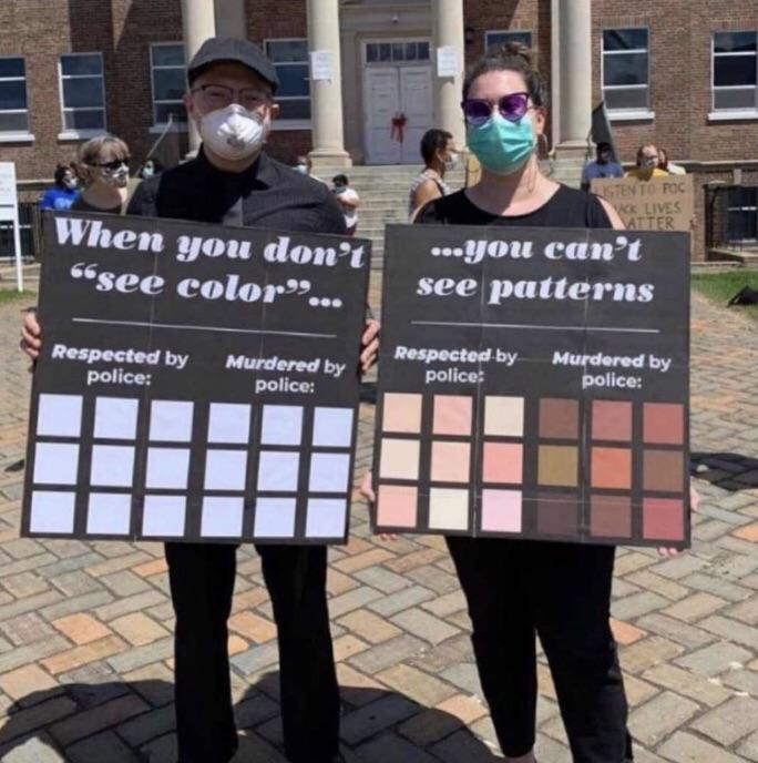 BLM protesters seen holding a sign that depicts why people shouldnt say they dont see color.