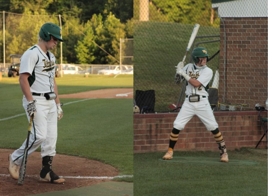 Left: Senior and UNC-Greensboro commit, Banks Cox, walks up to the plate to the song, Bad to the Bone by George Thorogood and the Destroyers. 
Right: Junior Reid Withers is ready to hit after hearing his walk-up song Square Dance by Eminem. 

