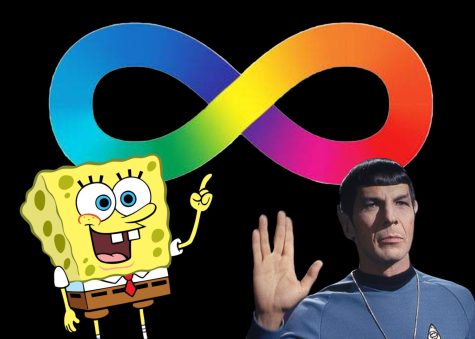 Spongebob and Spock in front of the autistic infinity symbol, two characters who have a lot of common autistic traits.