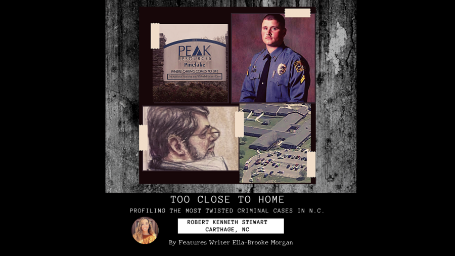 Clockwise from top left: Peak Resources Pinelake, hero officer Justin Garner, Pinelake after the shooting, and an artists sketch of Stewart during the trial.