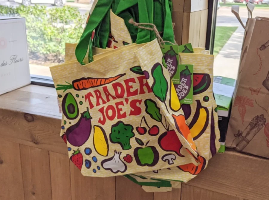 The bags given out to customers at Trader Joes. trader Joes has no plastic bags as a way of being more environmentally reliable.