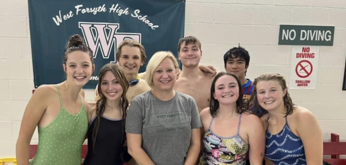 Coach Thomerson and seniors after swim practice.