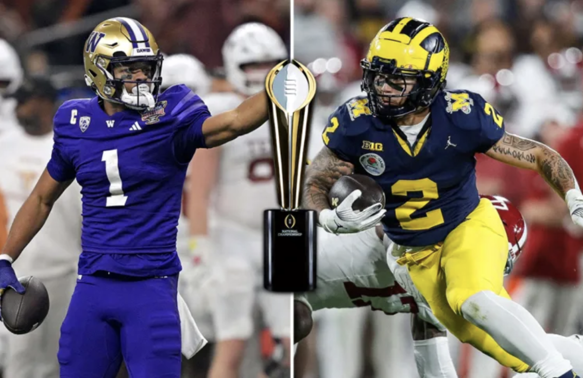 Washington wide receiver Rome Udunze (left), Michigan running back Blake Corum (right) and College Football Playoff National Championship Trophy (center).