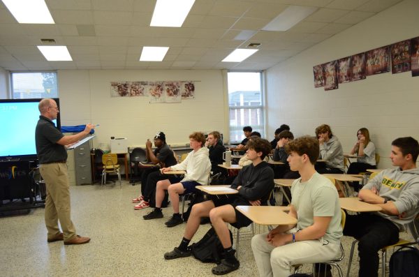 Sports Marketing teacher Scott Armstrong instructs a class.