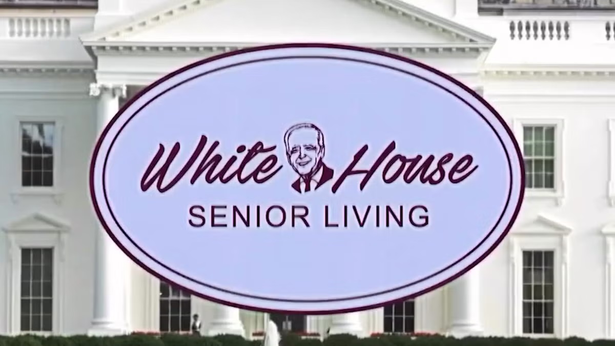 A shot from an ad by Donald Trump, poking fun at President Joe Biden’s age.