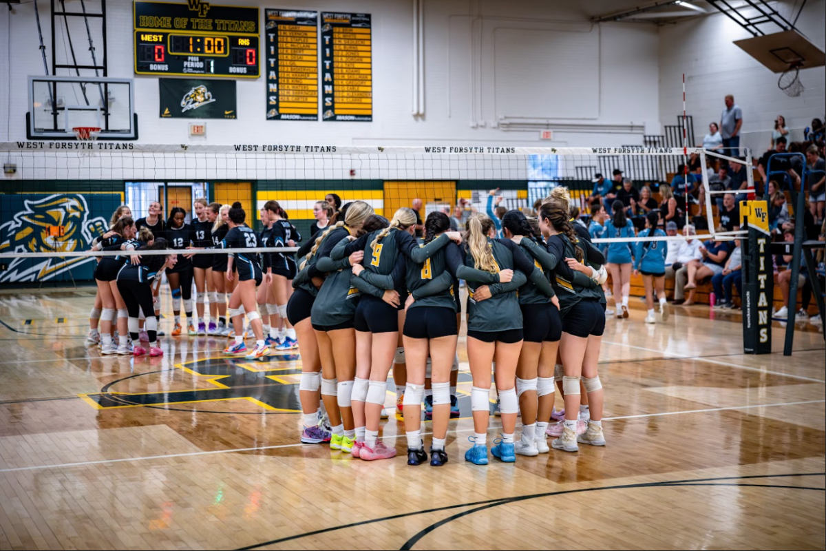 West Forsyth's girls' volleyball team in a huddle.