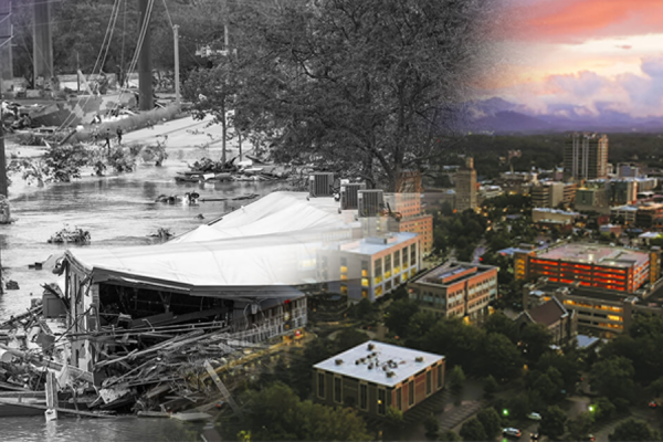 A city before and after the effects of a hurricane.