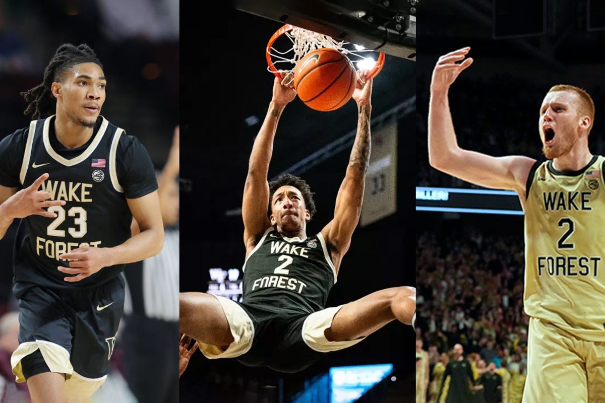 Three Wake players (left to right) Hunter Sallis, Juke Harris, and Cameron Hildreth.