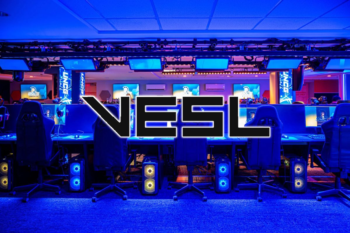 University of North Carolina Greensboro's Esports Arena with the VESL esports logo.