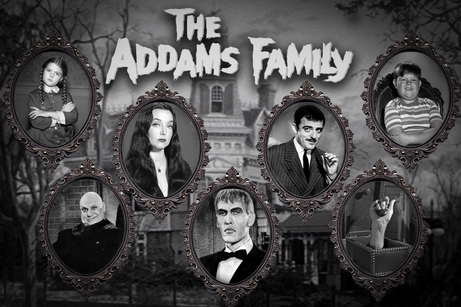 Framed pictures of different characters from The Addams Family.